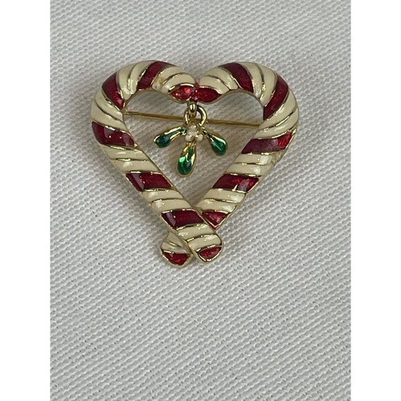GSK Jewelry - VTG Enamel Red White Gold Candy Cane Heart Dangle Holly Pin Brooch Signed GSK FS